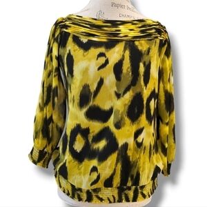 Lloyd Williams Yellow And Black Geo Watercolor Pleated Boat Neckline Top-Size M